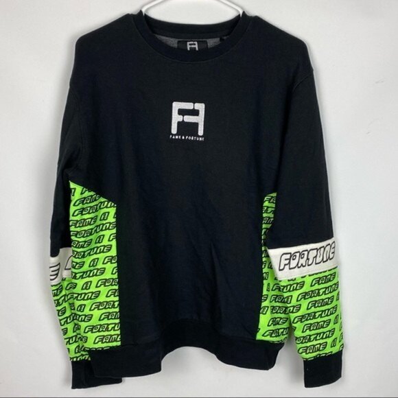 Fame & Fortune Hollywood Motor Sweater Mens Medium Black Green Logo Crewneck - Picture 2 of 6